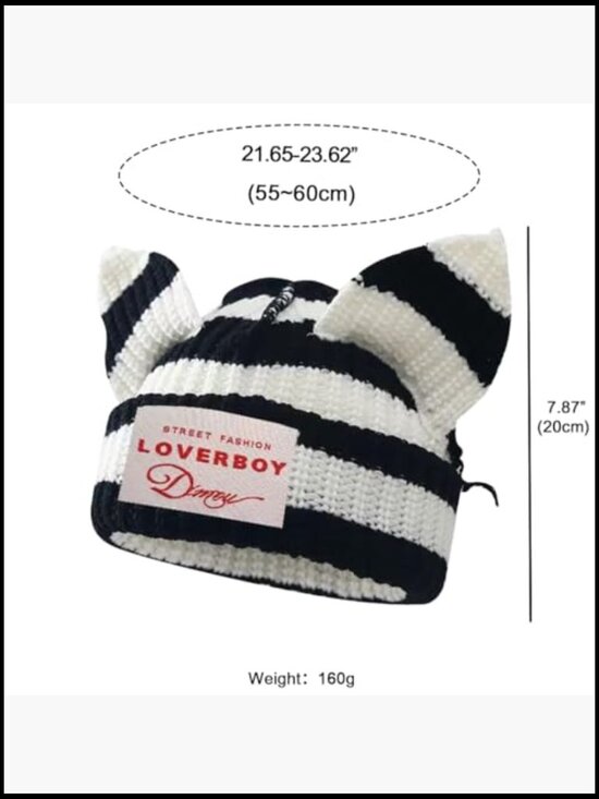 Cat Ear Beanie Hat Y2K Knit Unisex Slouchy Warm Crochet Cap main image 7